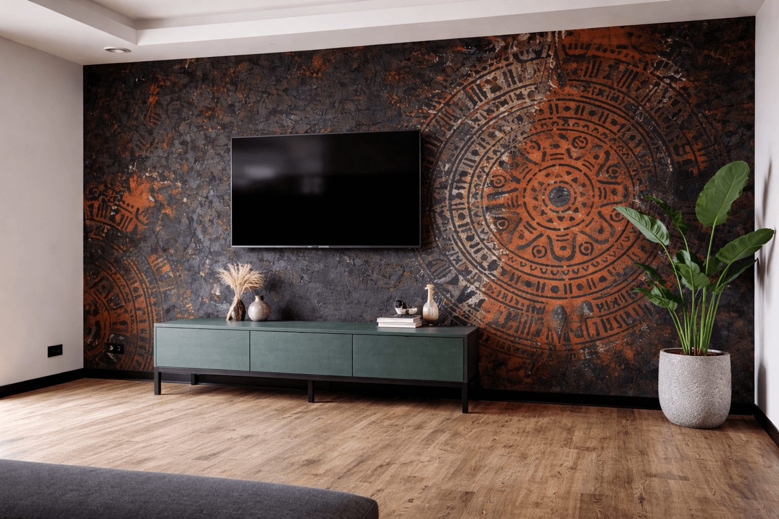 Czarny beton z efektem rdzy i mandalą aztecką – realizacja Pcim