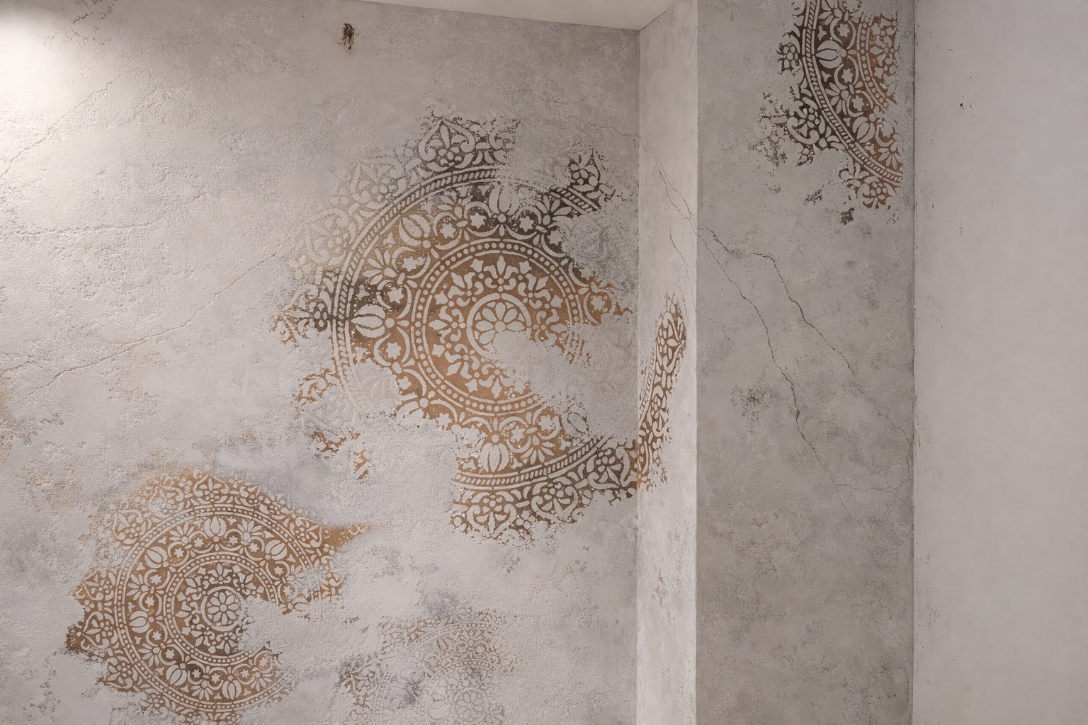 Ściana dekoracyjna z motywem mandali – efekt przecieranego betonu i złota | Kraków